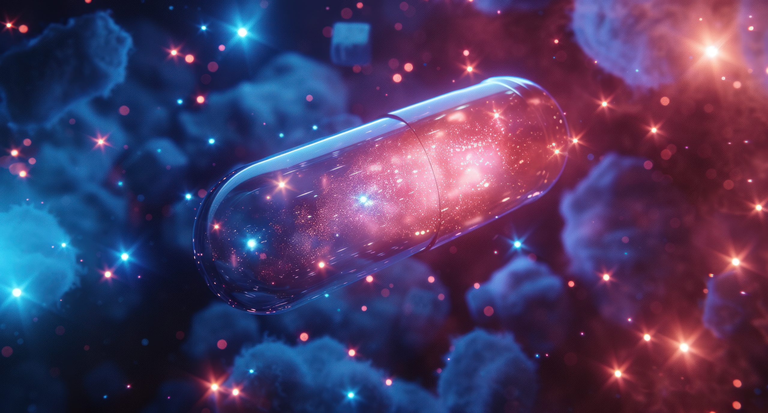 an actual pill surrounded by blue stars