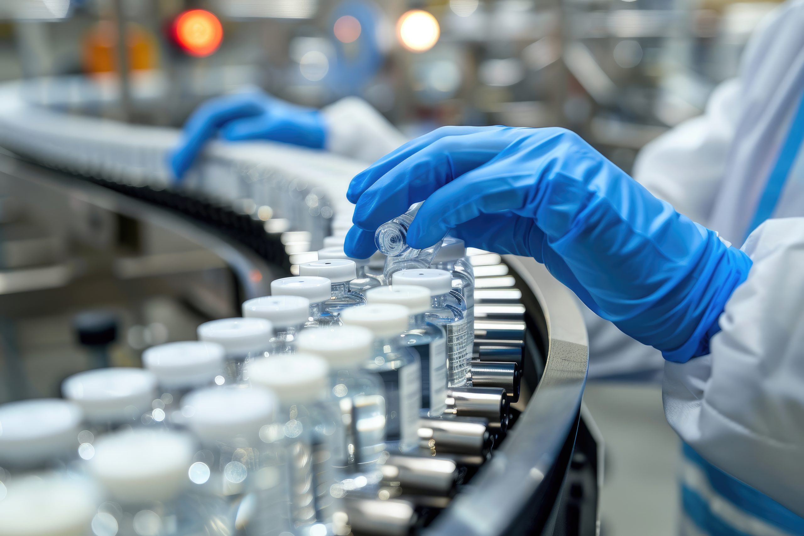 Pharmacist Reviewing Vials in Pharmaceutical Manufacturing Plant, Isolated on White Background